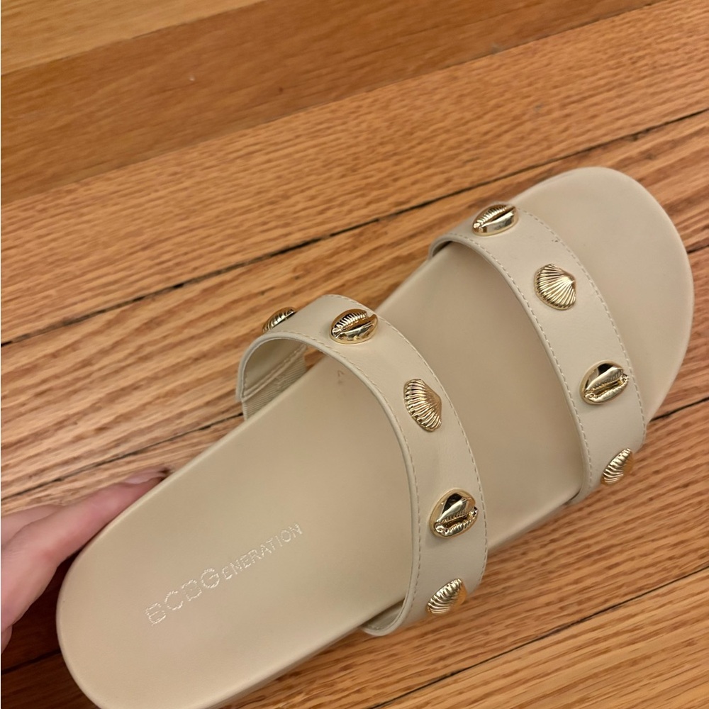 BCBGeneration Beige Sandals with Gold Accents